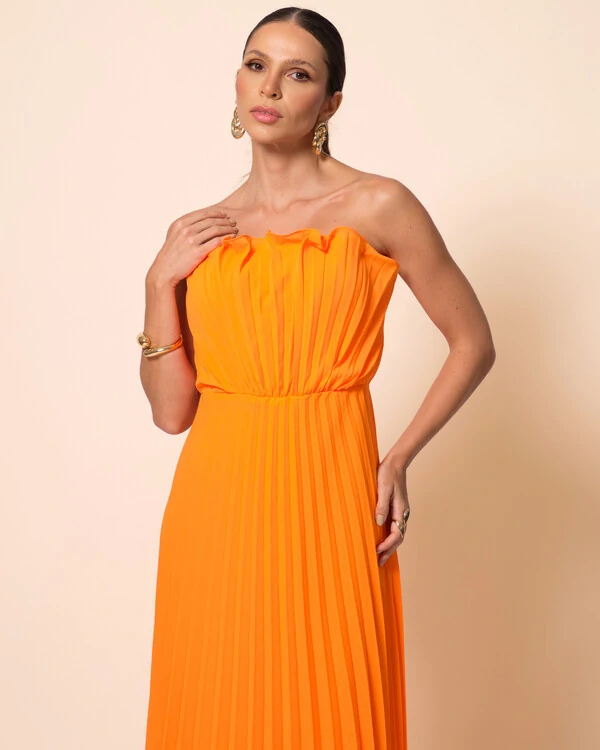 Vestido de Festa Longo Tomara que Caia Plissado Detalhe Laranja
