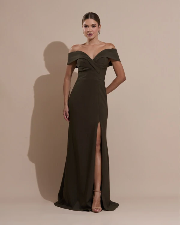 Vestido de Festa Longo Alfaiataria Ombro a Ombro com Fenda Verde Oliva
