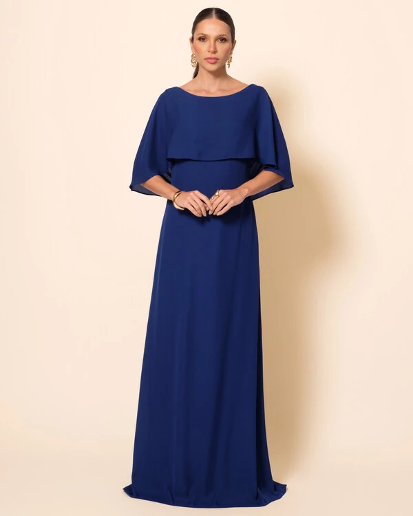 Vestido de Festa Longo Crepe Chiffon com Capa e Degagê nas Costas Azul Marinho