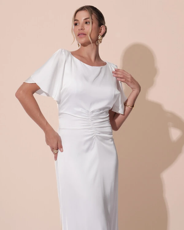 Vestido de Festa Longo Cetim Detalhe Drapeado Branco