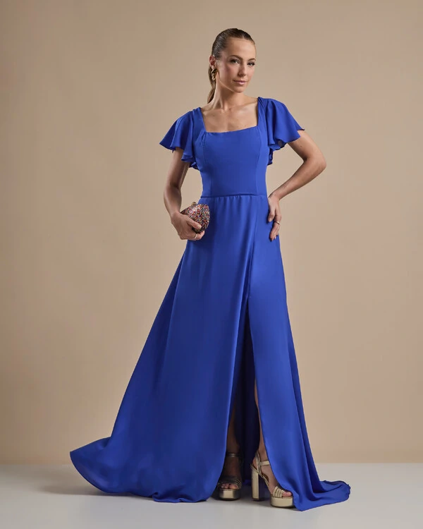 Vestido de Festa Longo Crepe Chiffon Manga Babado e Fenda Azul Royal