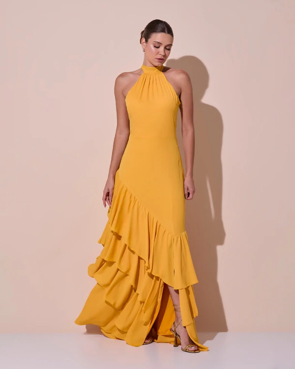 Vestido de Festa Longo Chiffon Crepe Gola Alta Babados Laranja Manga New