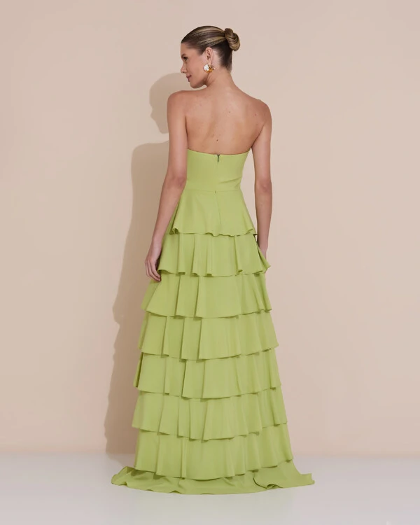 Vestido de Festa Longo Crepe Chiffon Tomara que Caia Plissado Flor Camadas Verde Claro