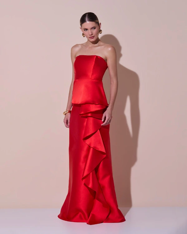 Vestido de Festa Longo Tomara que Caia Babado Cascata Vermelho New