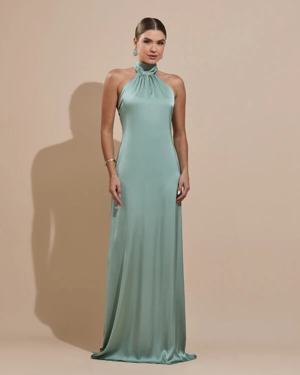 Vestido de Festa Gola Alta com Decote nas Costas Acetinado Verde Menta