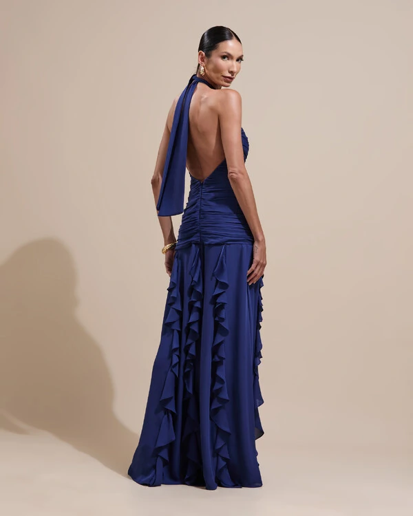 Vestido de Festa Longo Frente Única Crepe Chiffon Drapeado Babados Cascata Azul Marinho