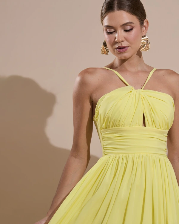 Vestido de Festa Longo Crepe Chiffon Drapeado com Alças Finas Amarelo Manteiga