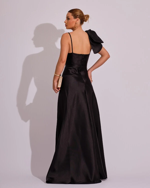Vestido de Festa Longo em Zibeline com Laço Removível Preto
