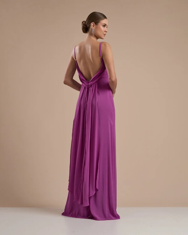 Vestido de Festa Longo Crepe Chiffon Costas Lenço Cauda Fúcsia