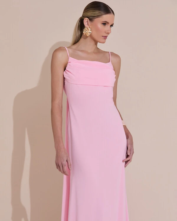 Vestido de Festa Longo Crepe Chiffon Costas Lenço Cauda Rosa Claro