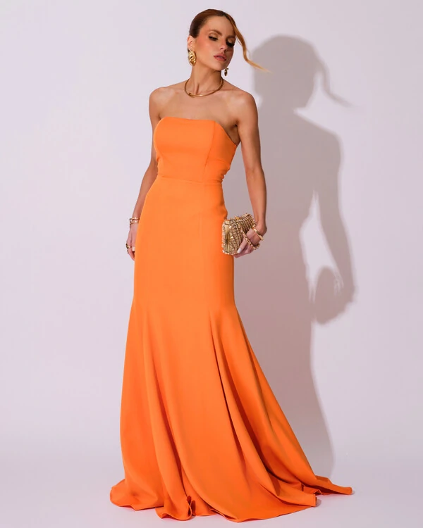 Vestido de Festa Longo Alfaiataria Tomara que Caia Saia Sereia Laranja