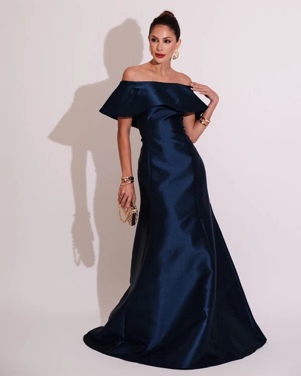 Vestido de Festa Longo Ombro a Ombro Zibeline com Babado Azul Marinho