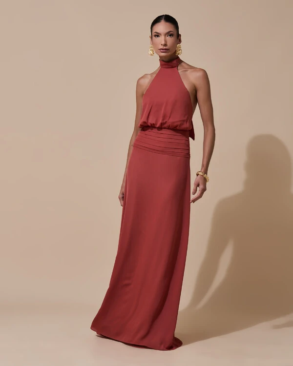 Vestido de Festa Longo Frente Única Busto Blousê Crepe Chiffon Drapeado Terracota