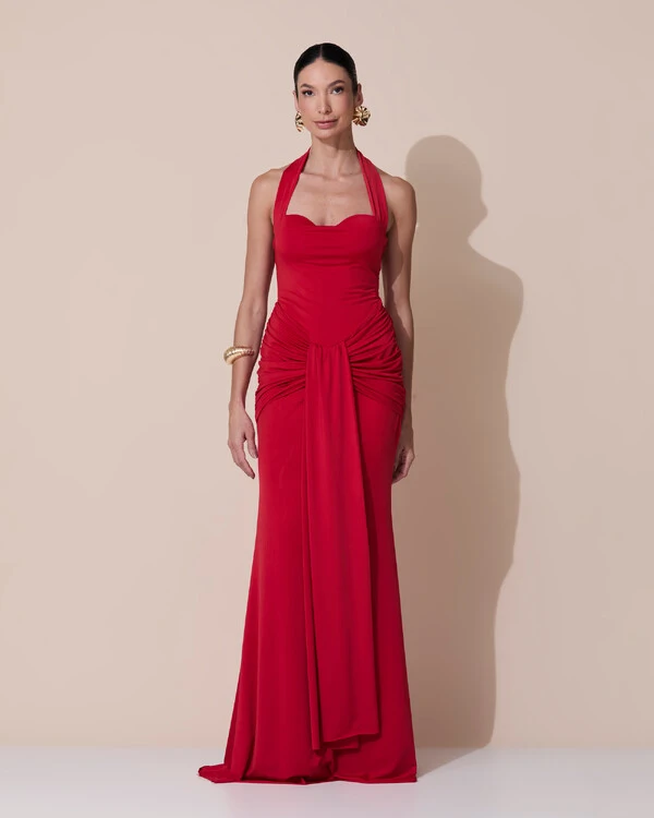 Vestido de Festa Longo Decote Coração Malha Jersey Drapeado Costas Trançada Vermelho