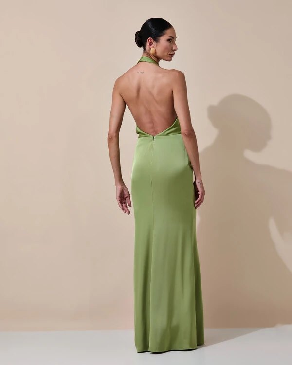 Vestido de Festa Longo Frente Única Decote V Cetim Drapeado Faixa Verde Pistache