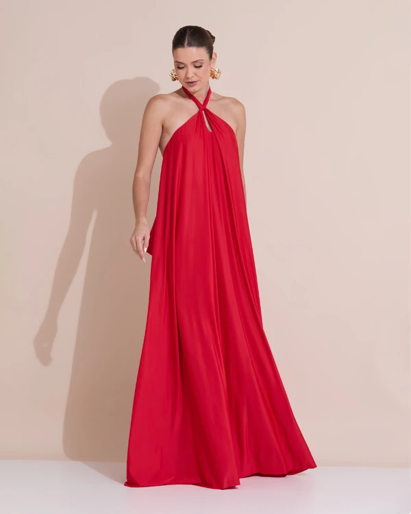 Vestido Longo com Amarração em Malha Vermelho Claro