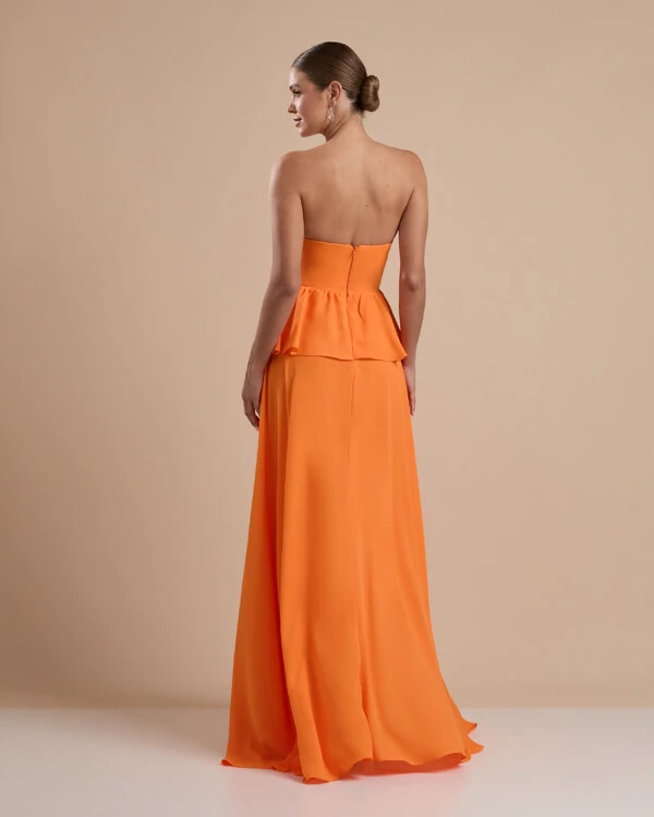 Vestido de Festa Longo Crepe Chiffon Tomara que Caia Peplum Drapeado Laranja