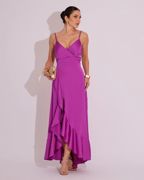 Vestido Midi Babado Acetinado Fúcsia
