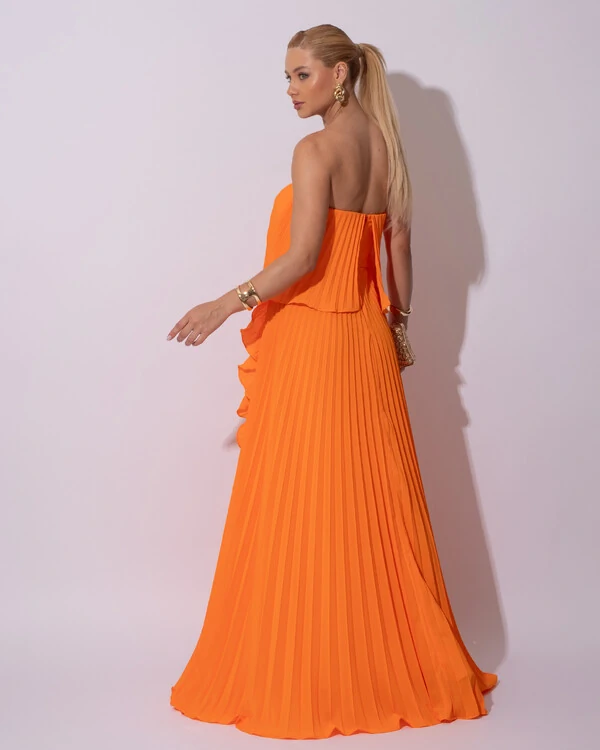 Vestido de Festa Longo Crepe Chiffon Tomara que Caia Plissado com Babado Cascata Laranja
