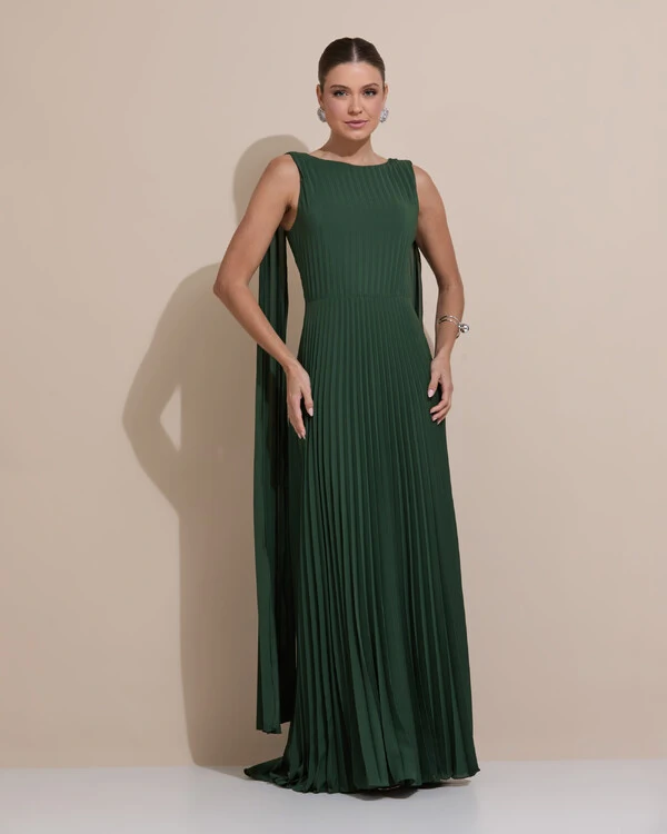 Vestido de Festa Longo Crepe Chiffon Plissado com Lenço nas Alças Verde Escuro New