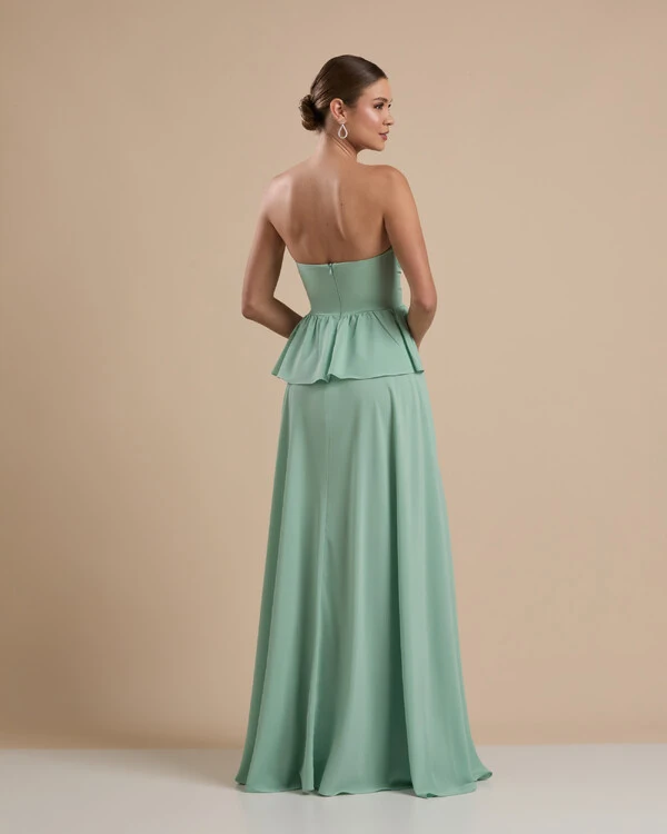 Vestido de Festa Longo Crepe Chiffon Tomara que Caia Peplum Drapeado Verde Menta