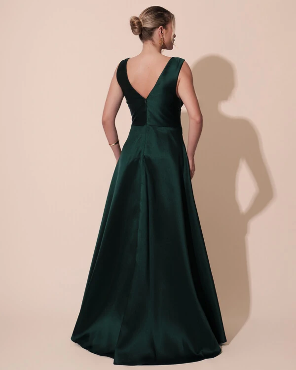 Vestido de Festa Longo Plus Size Zibeline Faixa e Flor Verde Escuro