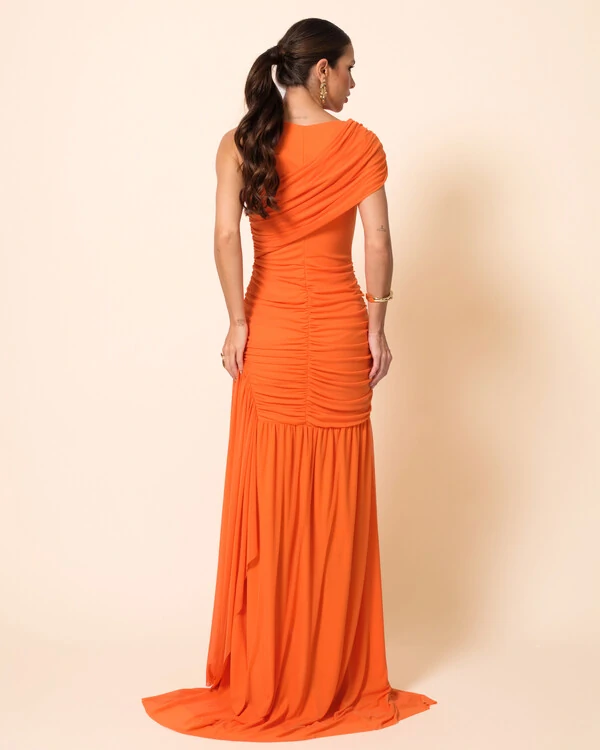 Vestido de Festa Longo Tule Faixa Detalhe Drapeado Laranja