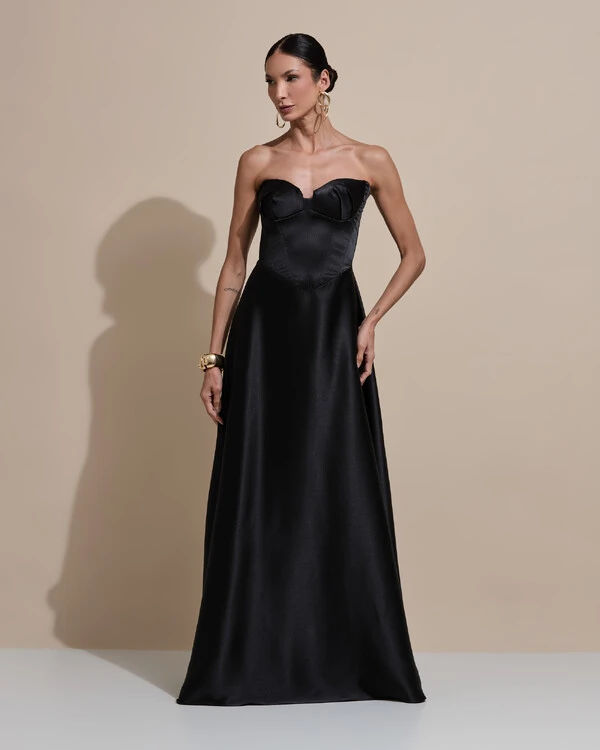 Vestido de Festa Longo Tomara Que Caia Decote Coração Cetim Cruzado Costa Preto