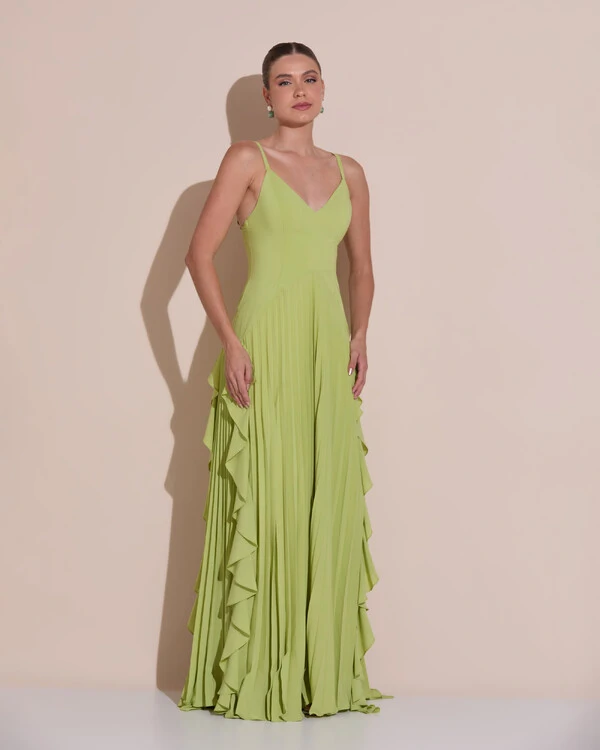 Vestido de Festa Longo Crepe Chiffon Alça Fina Saia Plissada com Babado Cascata Verde Claro