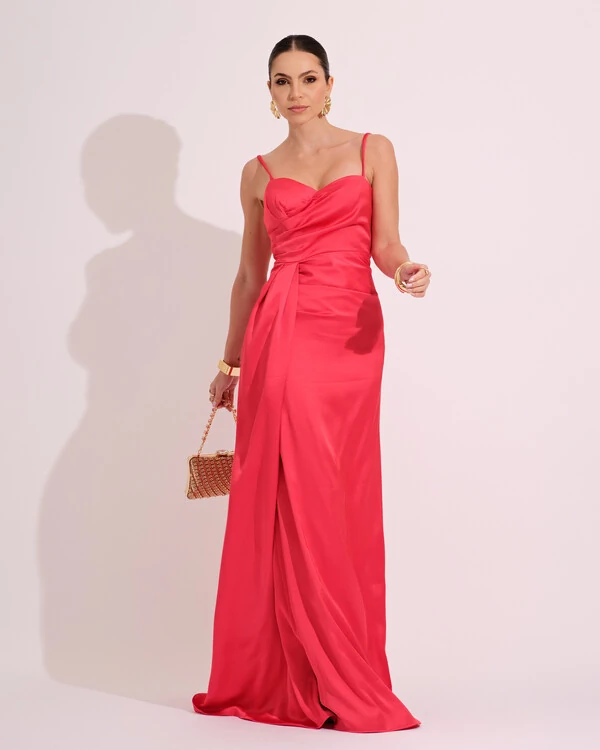 Vestido de Festa Longo Cetim Alfaiataria Fenda Drapeada Coral