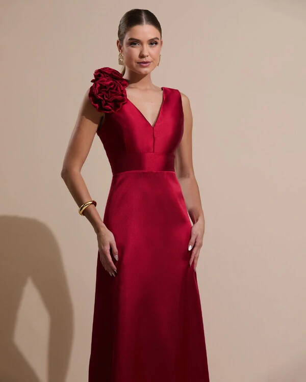 Vestido de Festa longo Zibeline Decote em V com Flores Removivel Marsala Escuro