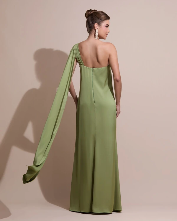 Vestido de Festa Longo Cetim Fluido Um Ombro Só Verde Pistache