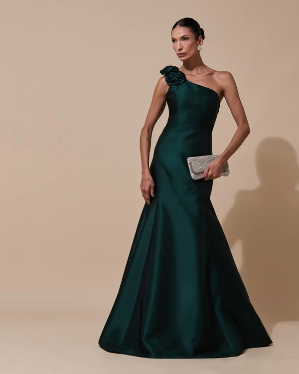 Vestido de Festa Longo Zibeline um Ombro Só Flor Removível Saia Sereia Verde Escuro