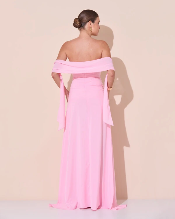 Vestido de Festa Longo Decote Coração Crepe Chiffon Drapeado Plissado Lenço Rosa Claro