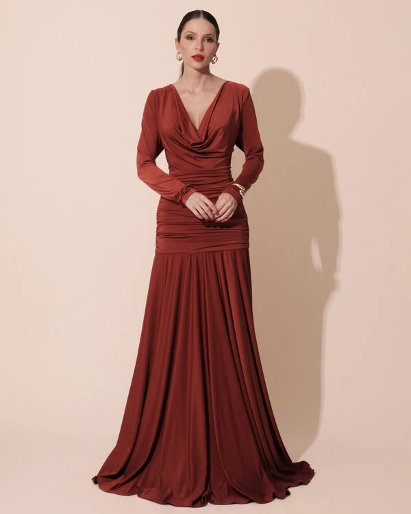 Vestido de Festa Longo Malha Degagê Drapeado Manga Longa Terracota