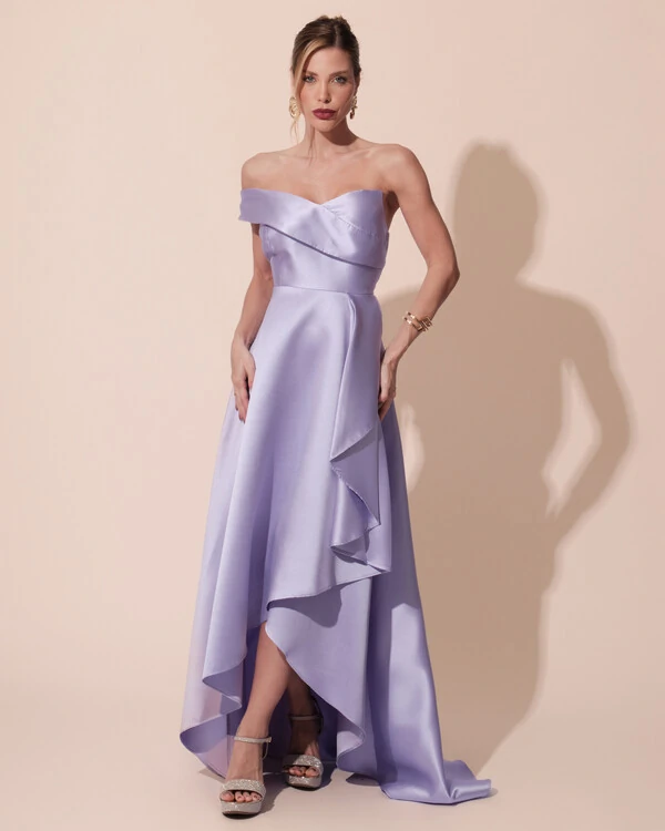 Vestido de Festa Longo Zibeline um Ombro Só Mullet Lilás