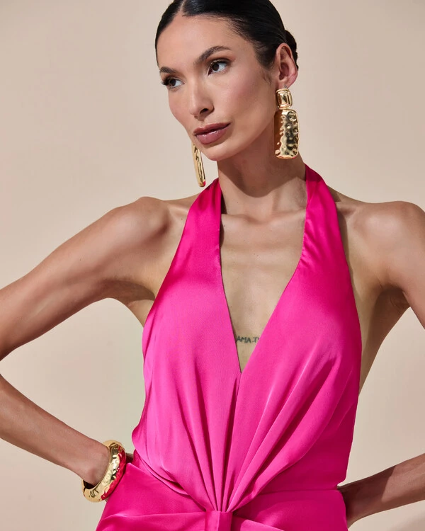 Vestido de Festa Longo Frente Única Decote V Cetim Drapeado Faixa Pink