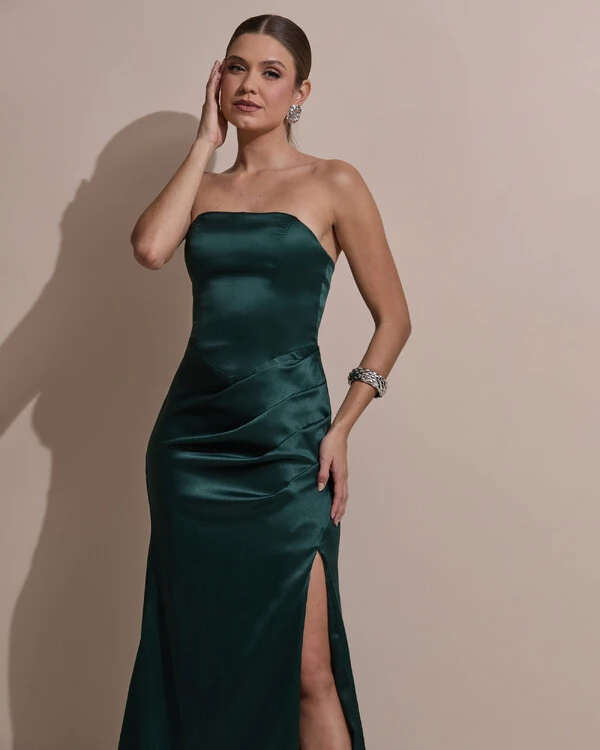 Vestido De Festa Longo Tomara Que Caia Drapeado Cetim Alfaiataria Trançado Costas Verde Escuro