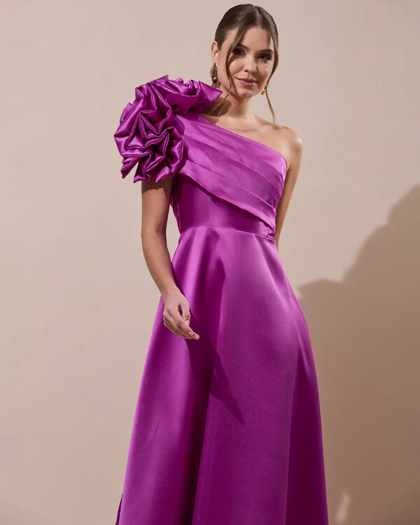 Vestido de Festa Longo Zibeline um Ombro Só Flor Drapeado Fúcsia