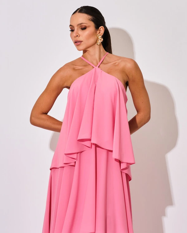 Vestido Longo Crepe Chiffon Babado em Camadas Rosa