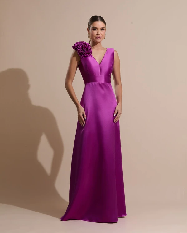 Vestido de Festa longo Zibeline Decote em V com Flores Removivel Fúcsia
