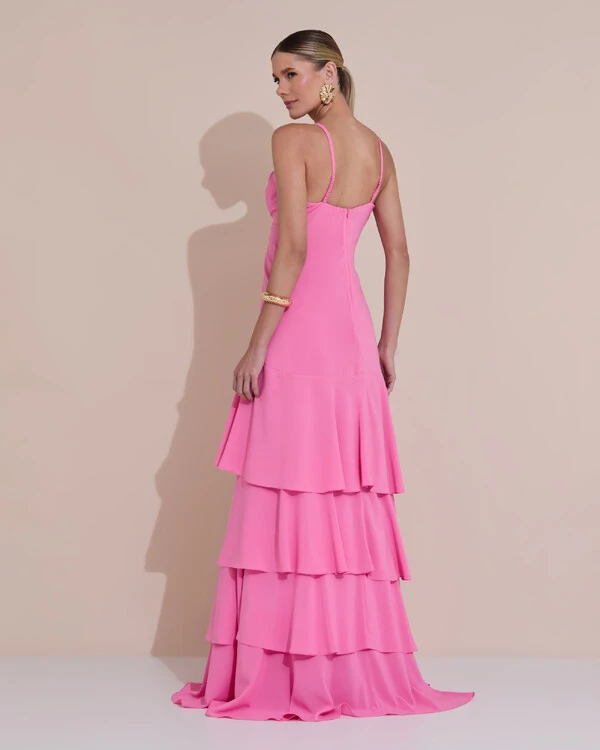 Vestido Longo Crepe com Babado em Camadas Rosa