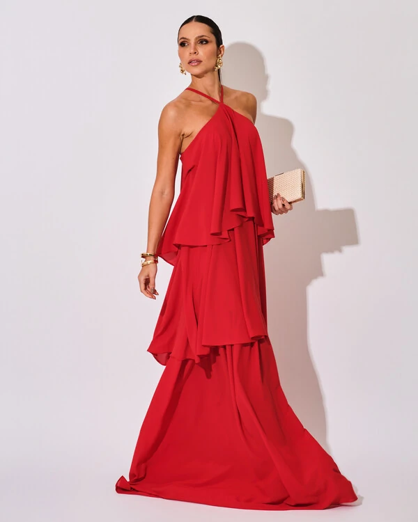 Vestido Longo Babado em Camadas Vermelho
