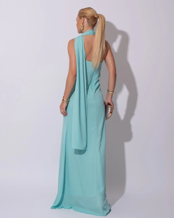 Vestido de Festa Longo Crepe Chiffon Um Ombro Só Drapeado Lenço Fixo Tiffany