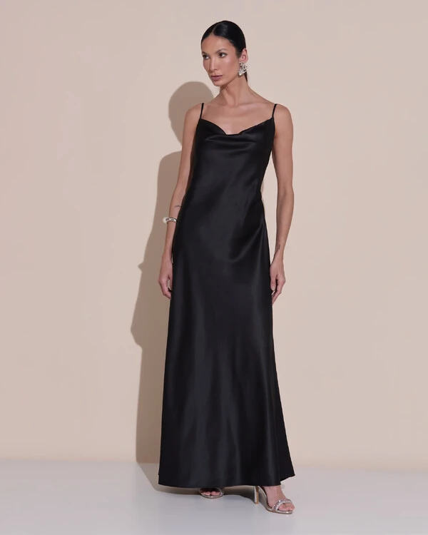 Vestido de Festa Midi Fivela Costas Cetim Preto