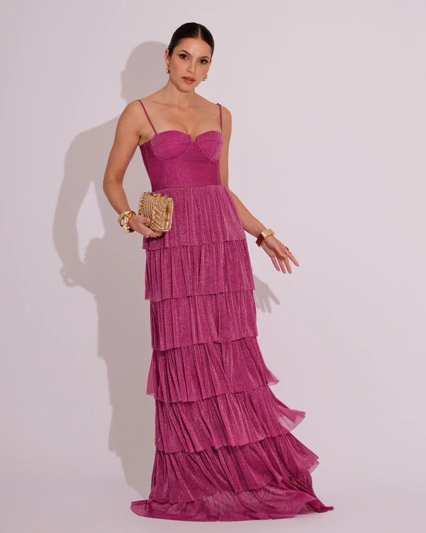 Vestido de Festa Longo Tule Glitter com Camadas Fúcsia