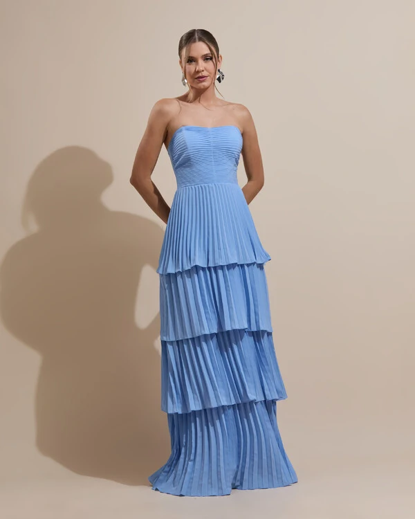 Vestido de Festa Longo Tomara que Caia Crepe Chiffon Plissado Camadas Azul Serenity