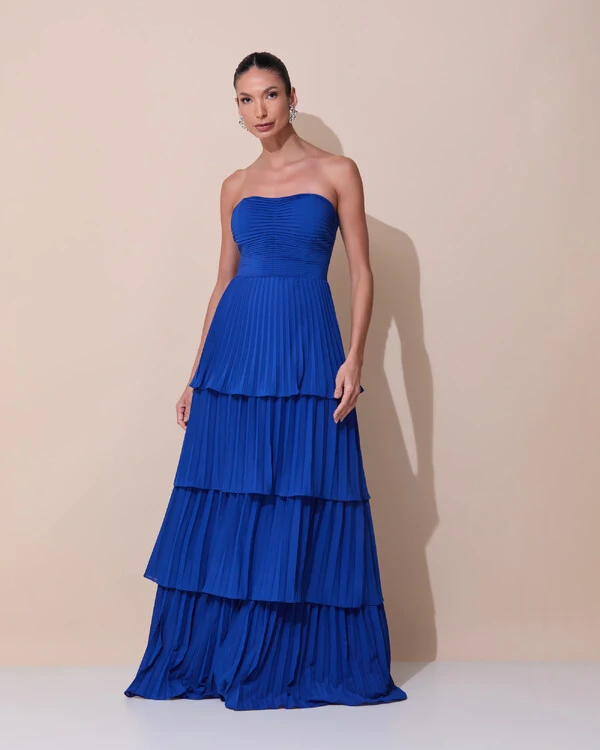 Vestido de Festa Longo Tomara que Caia Crepe Chiffon Plissado Camadas Azul Royal