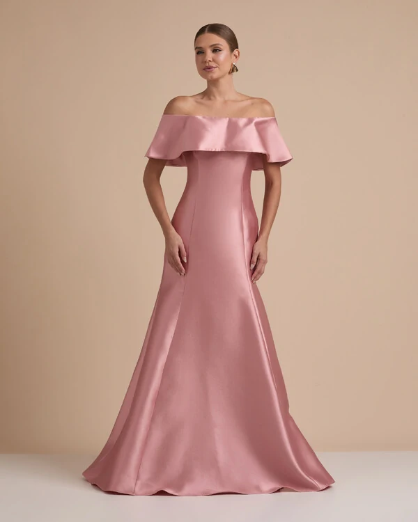 Vestido de Festa Longo Zibeline Ombro a Ombro com Babado Rose