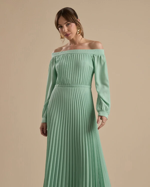 Vestido de Festa Longo Crepe Chiffon Plissado Ombro a Ombro Verde Menta